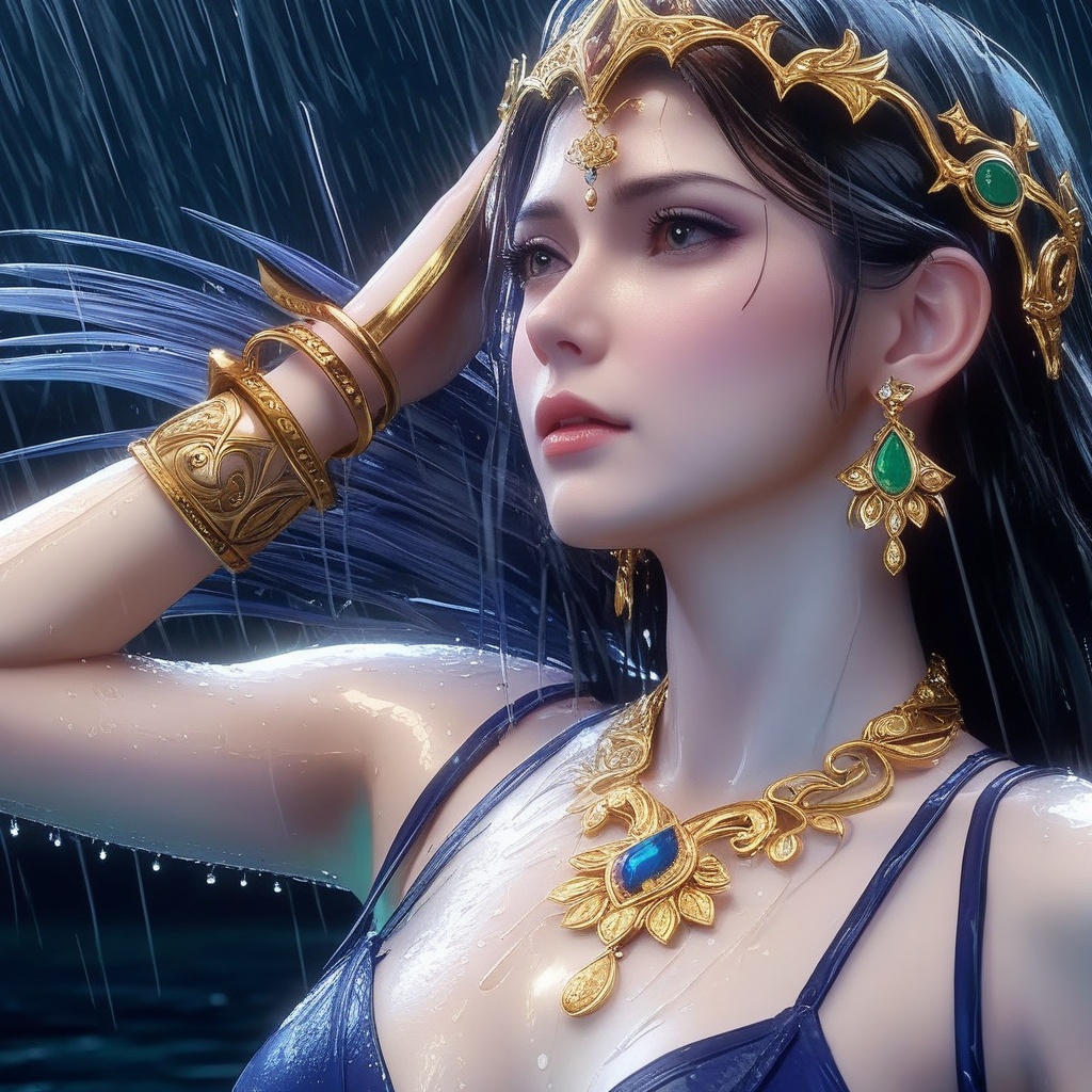 <lora:841-DA-XL-武庚纪-不闻不问:0.8>, (,1girl, ,best quality, ),, ,ultra detailed 8k cg,   ,masterpiece((((1girl, solo,  , ,solo focus, wet,sweat, ocean,rain, water drop, )))) (, , sweatdrop, flying sweatdrops, sweating profusely,colorful drop \(module\), )   clean, masterpiece,     cinematic lighting, cinematic bloom,   , unreal, science fiction, luxury, jewelry, diamond, gold, pearl, gem, sapphire, ruby, emerald, intricate detail, delicate pattern, charming, alluring, seductive, erotic, enchanting, hair ornament, necklace, earrings, bracelet, armlet,halo,