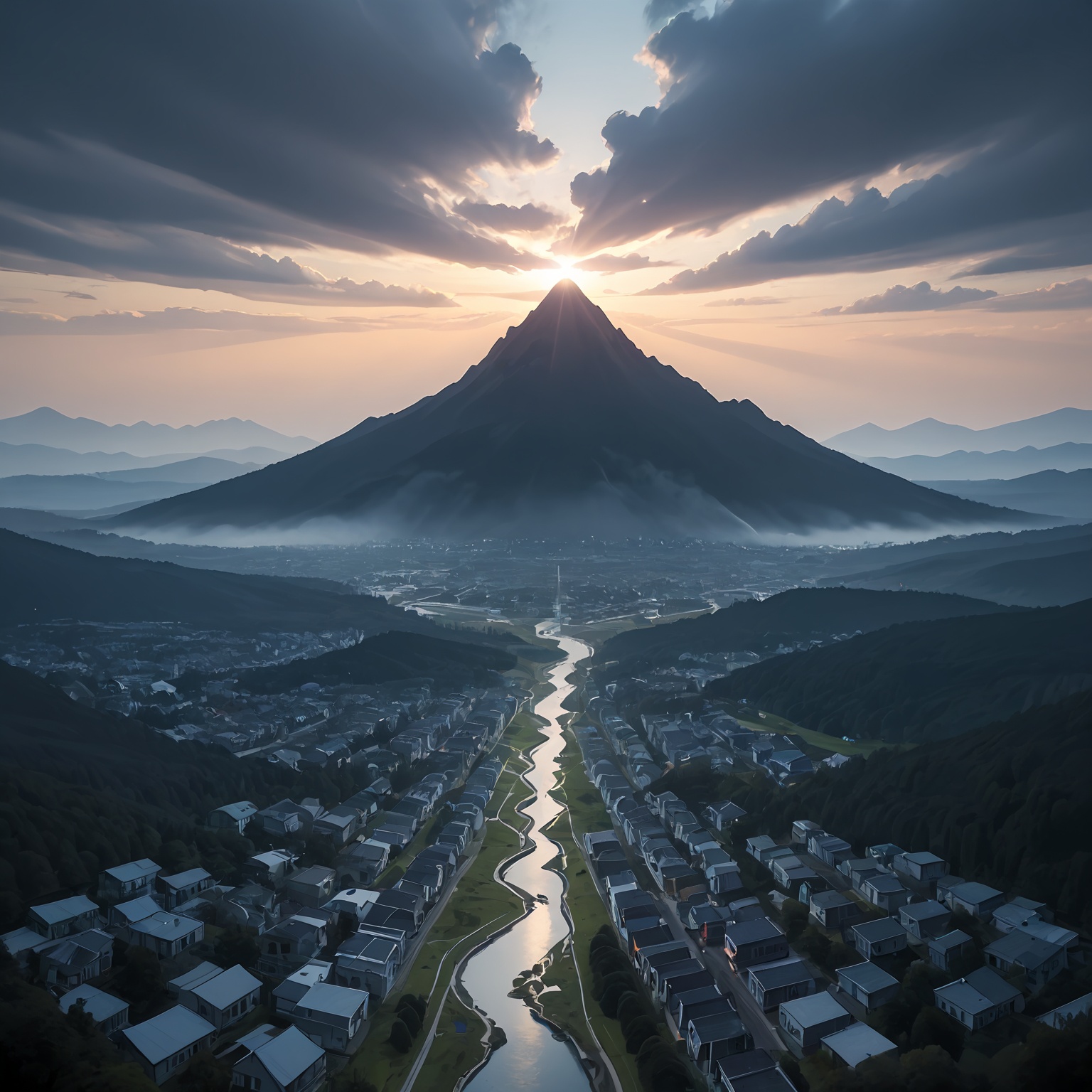 Create an amazing oil painting Pic of the following situation: a giant white fog appears high above an Asian landscape,  s...