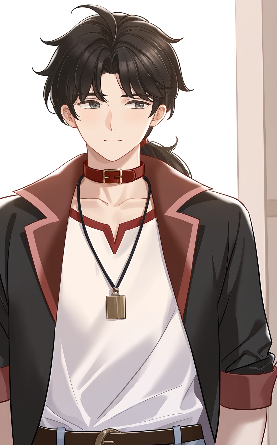 masterpiece,best quality,<lora:nyalia:0.3>,nyalia,cowboy shot,<lora:luofeng_test02:0.8>,luofeng,(1boy),aged up,solo,luofeng,black hair,ahoge,white shirt,black jacket,necklace,brown belt,sleeves rolled up,short sleeves with red trim,red collar,low ponytail,white background,
