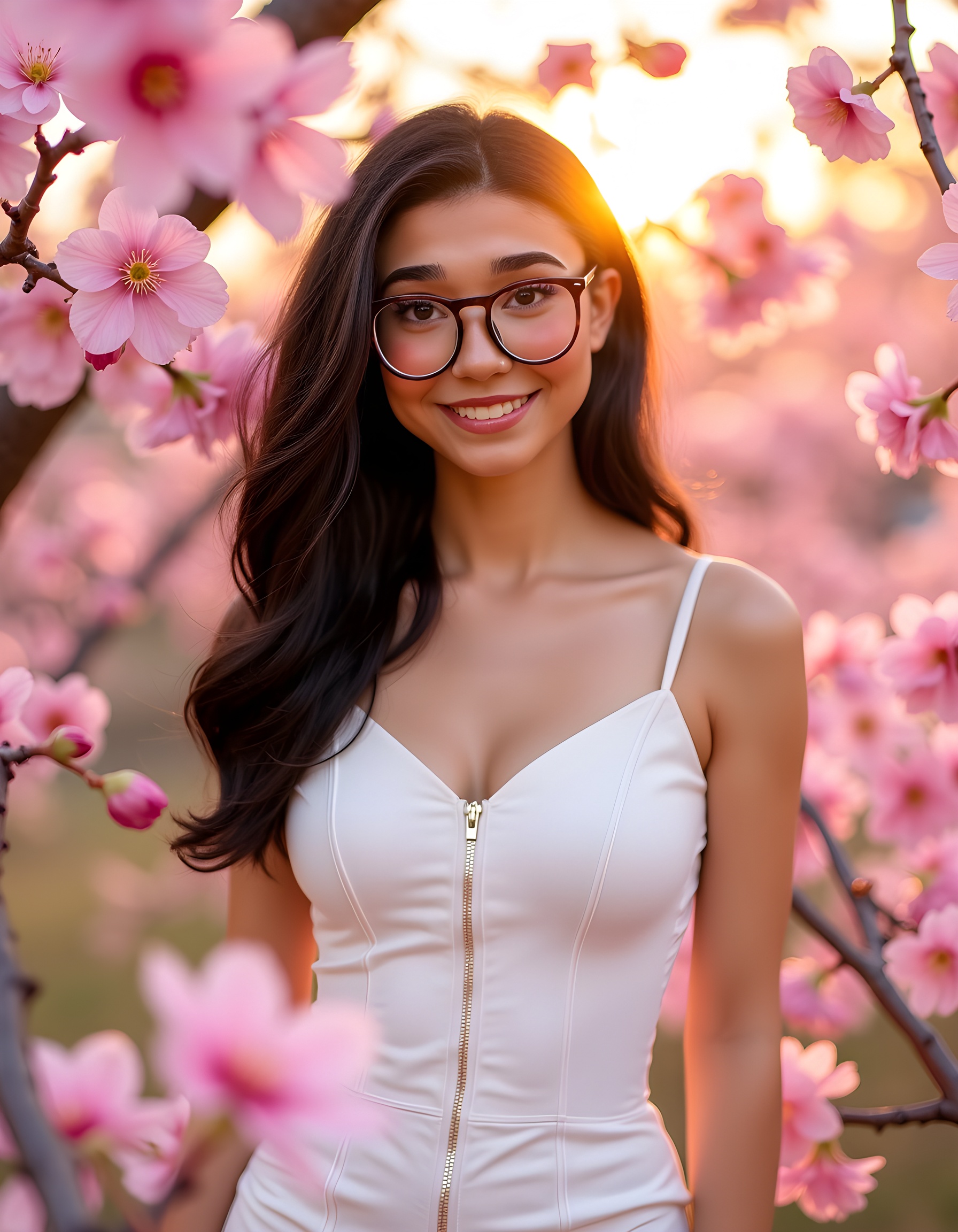 Amidst the vibrant bloom of cherry blossoms in full spring,  Julia-A stands alone against a soft pink backdrop,  her gaze...