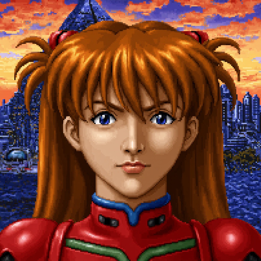 Original HoMM2 style closeup portrait of Asuka Langley. She has twin tails and wears red plugsuit. In the background there...