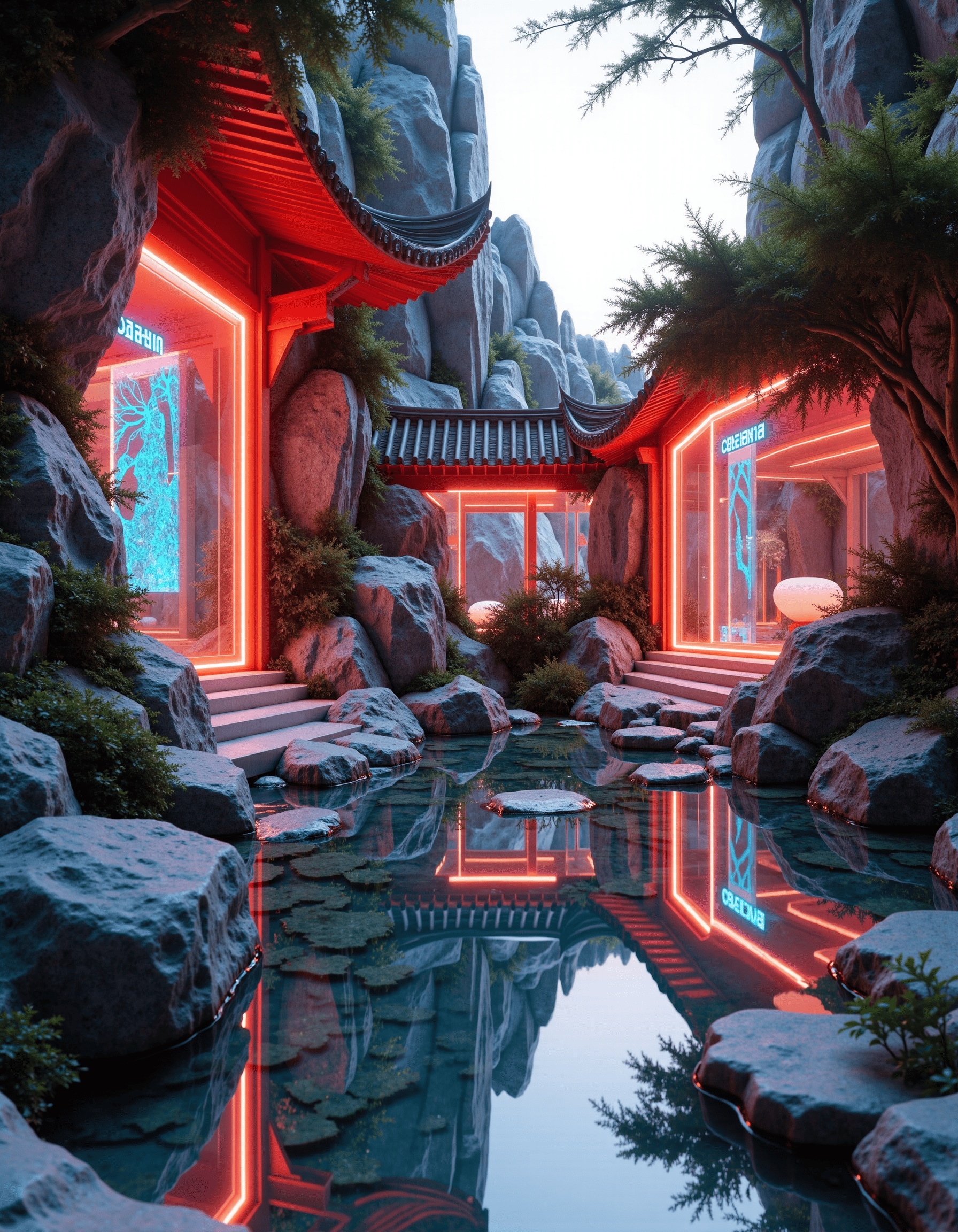 Best quality, masterpiece, ultra high res, (photorealistic:1.4),DFHJ,Eastern Aesthetics,Surrealism,The image portrays a futuristic architectural setting,with neon-lit structures juxtaposed against natural rock formations. A serene water body reflects the surroundings,and the interiors showcase traditional East Asian elements,combined with modern holographic interfaces. The light source seems to emanate from the neon structures,casting a soft glow over the scene.,