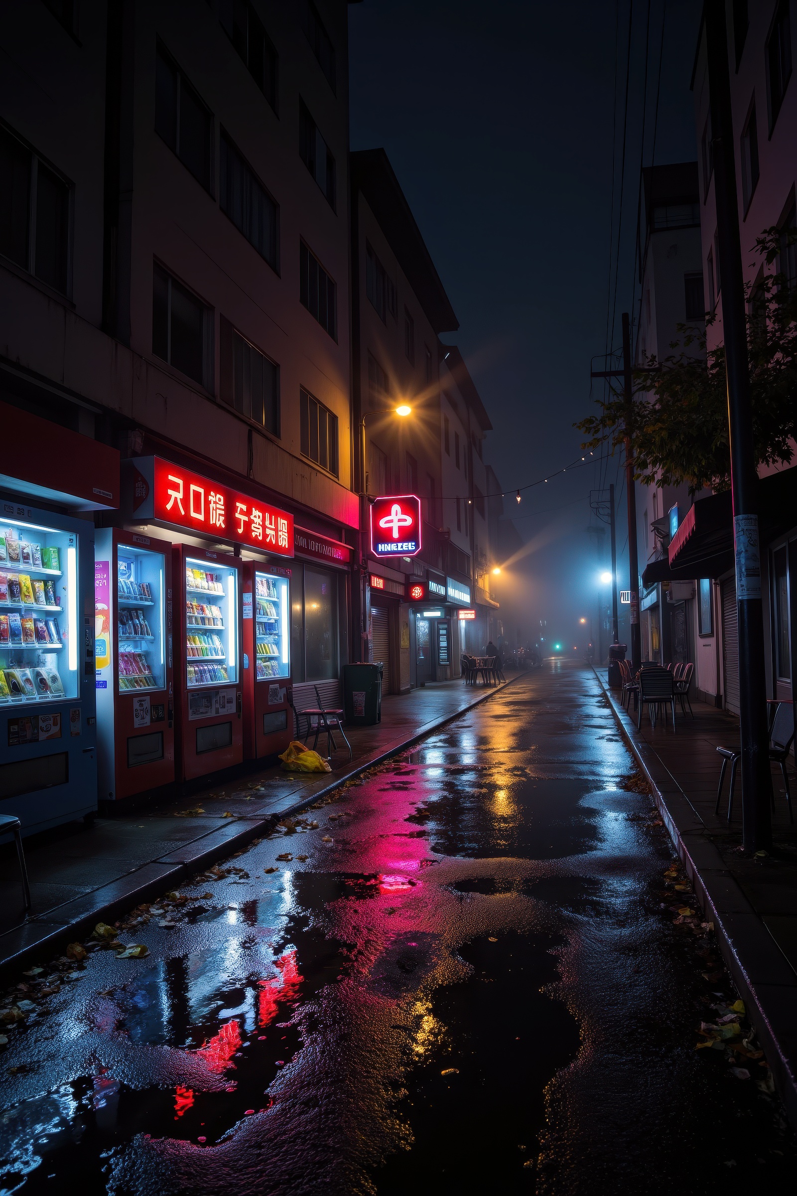 moody cinematic wide-angle view of a rain-slick urban street at night,  wet asphalt shimmering with neon sign reflections...