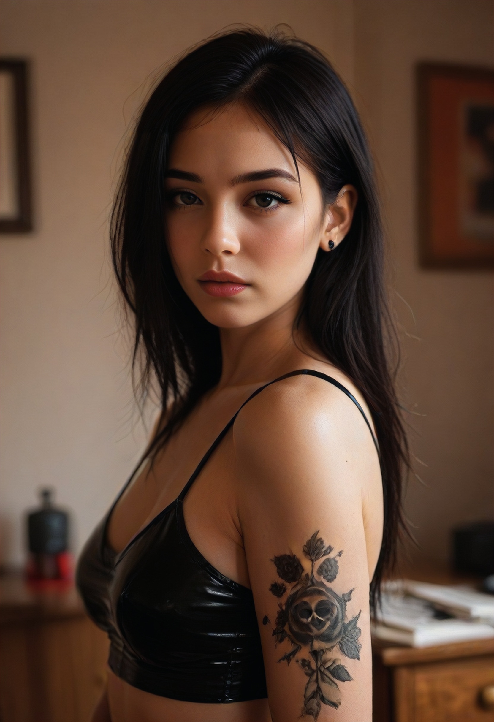 score_9, score_8_up, score_7_up, asian girl, makeup, goth, emo, portrait, upper body, close-up, messy bedroom, supported on bedside table, clutter tattoos, solo, sexy curves, revealing outfit, a latex minidress, depth of field, highly detailed, high contrast, film grain, Rim Lighting 