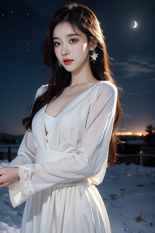SFW,(masterpiece:1.2),best quality,absurdres,masterpiece,original,extremely detailed wallpaper,perfect lighting,(extremely detailed CG:1.2),1girl,solo,long hair,black hair,hair ornament,long sleeves,dress,jewelry,earrings,sky,white dress,night,moon,star \(sky\),night sky,snow,
