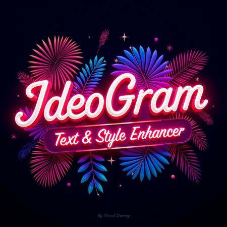 Bright glowing gelatized neon headline with text "IdeoGram1024". Under the header subtitle with text "Text & Style Enhance...