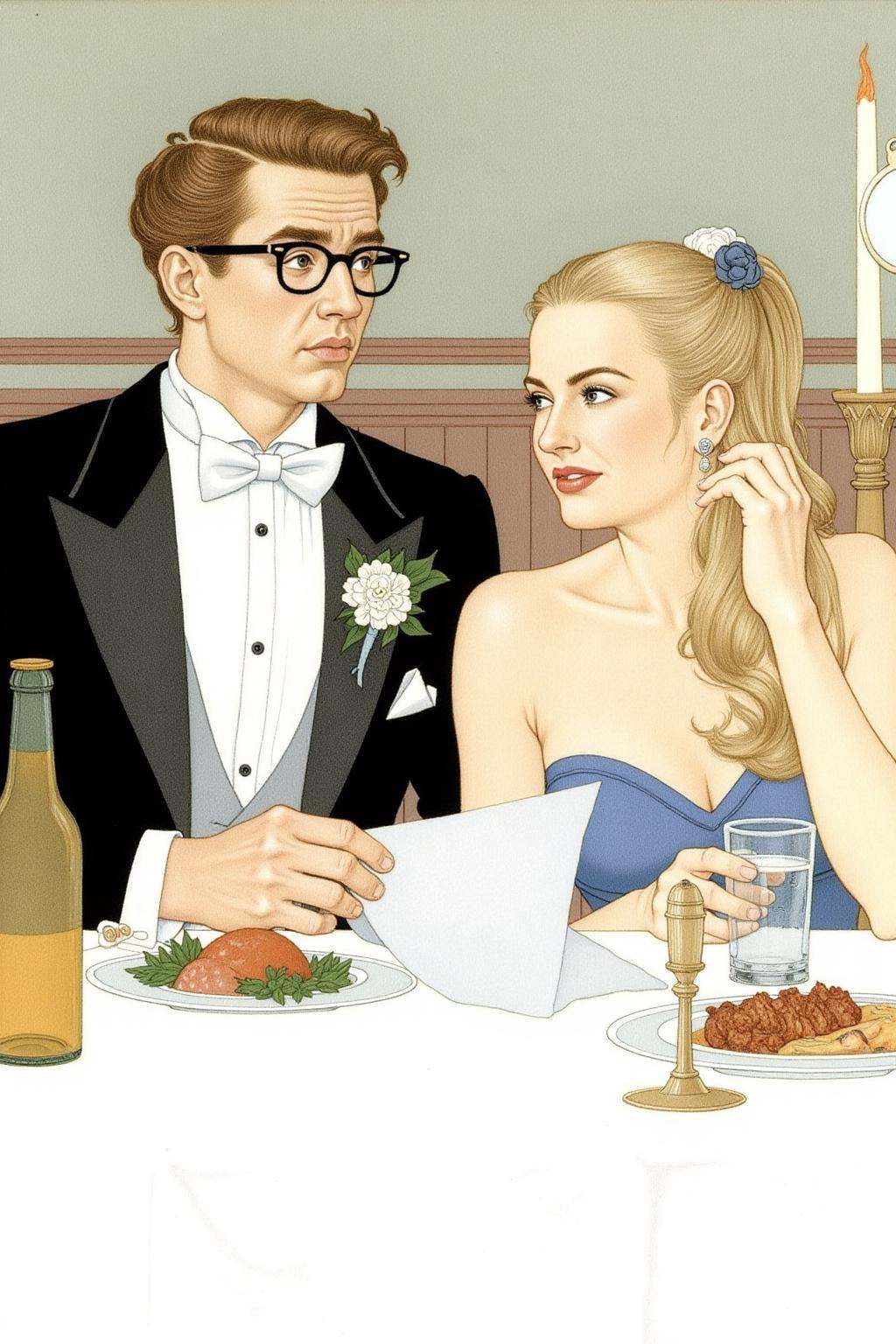 olgadugina1 illustration. kard1. A man and a woman seated at a table covered with a white tablecloth. kard1 illustration,...