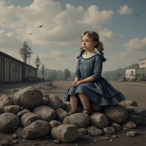 dark and gloomy children's book Artwork illustration of Gerda. She is sitting on rubble on the Airport Tempelhof in post-w...