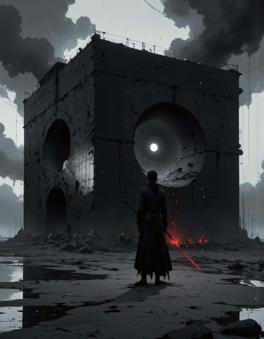 A highly detailed cinematic photography.arafed image of a man standing on the beach with a large black cube,  in style of...