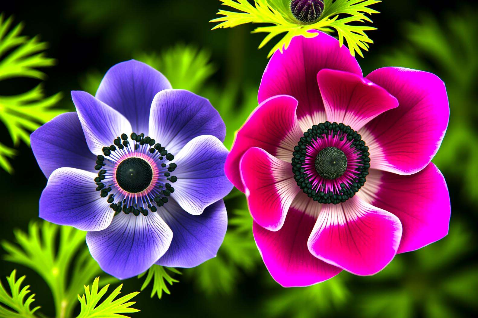 aurelmanea2q photography.Two flowers are featured. The left flower is light blue with black centers,  while the right flow...
