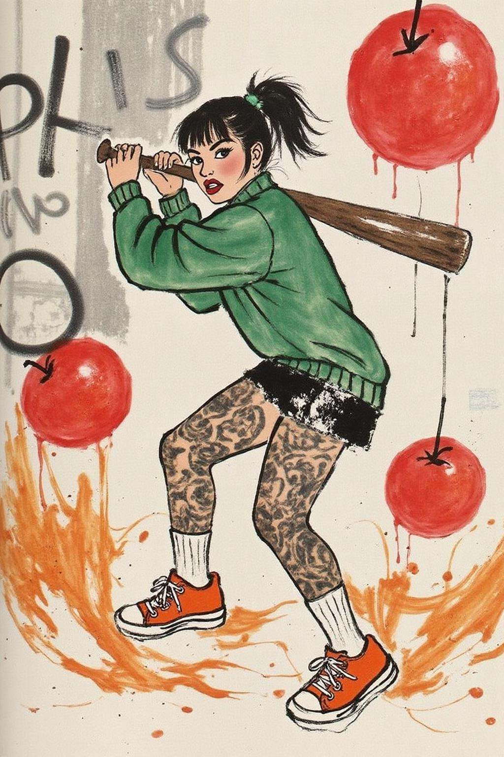 qbs1 ink wash painting liquid splash,  cartoonish juicy fruits chaos,  dynamic pose on Tensor.Art