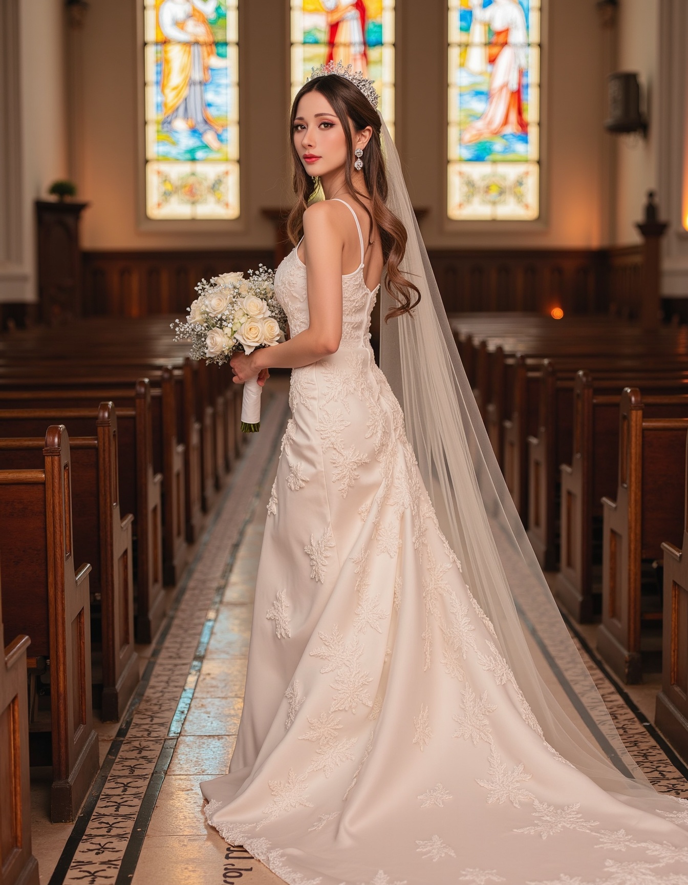 haneAme with long,  flowing hair styled in soft waves walks down the aisle,  holding a bouquet of flowers. She is wearing...