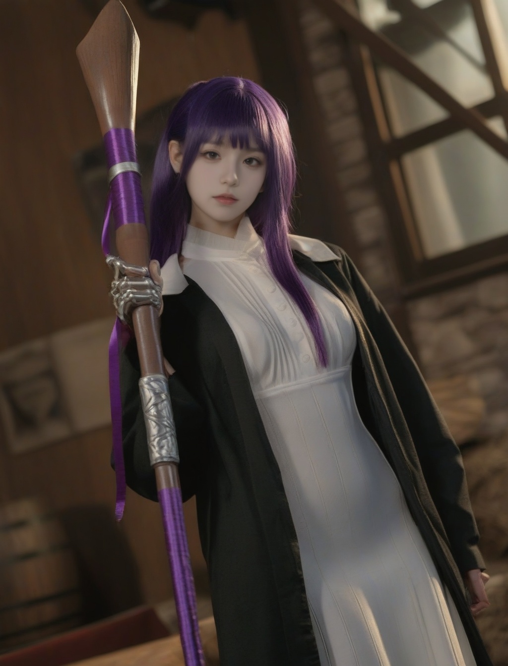 expressionless,<lora:Philen-000007:0.8>,HDR,absurdres,lens flare,(film grain:1.1),dutch angle,hard shadows,enjoyment,Skeletons,OverallDetailXL,Philen is Wearing a white dress and a black jacket with purple hair held a purple stick in her hand,