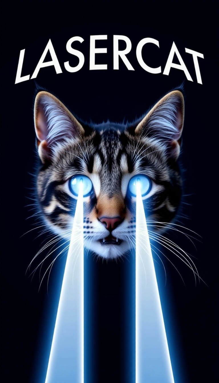 LASERCAT,  LASER CAT WITH BLUE PARALLEL LASER BEAMS COMING FROM ITS EYES,  TEXT ON TOP THAT SAYS "LASERCAT" on Tensor.Art