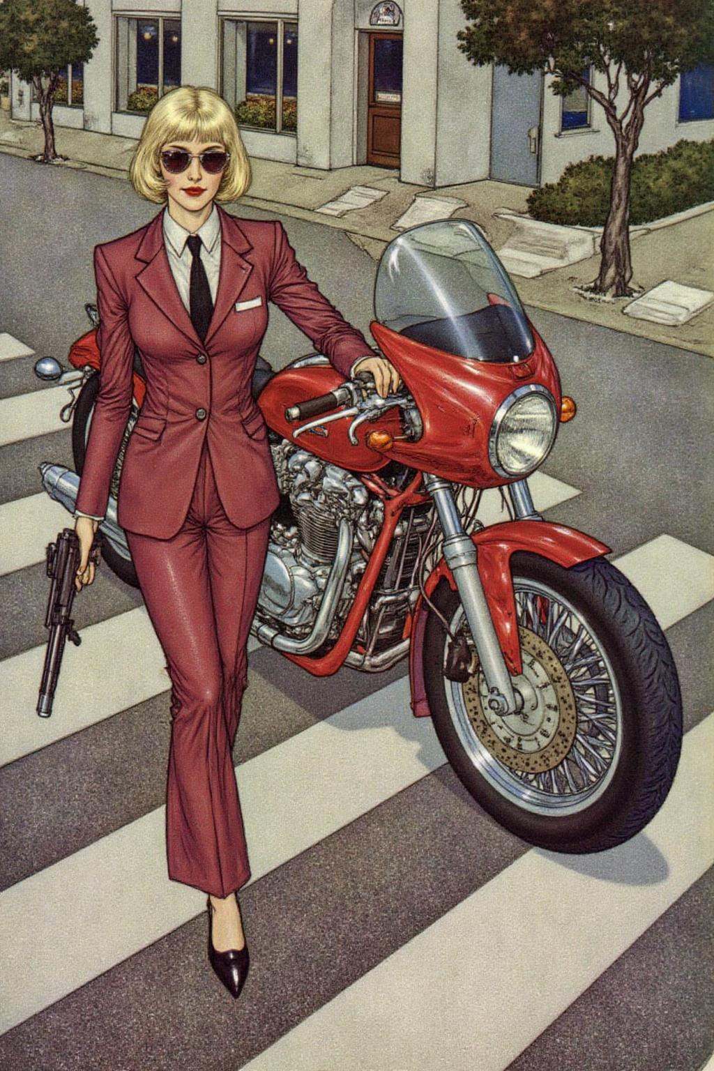 dulac1 illustration. Overhead shot of an Blonde woman walking away from a futuristic motorcycle parked at a zebra crossing...