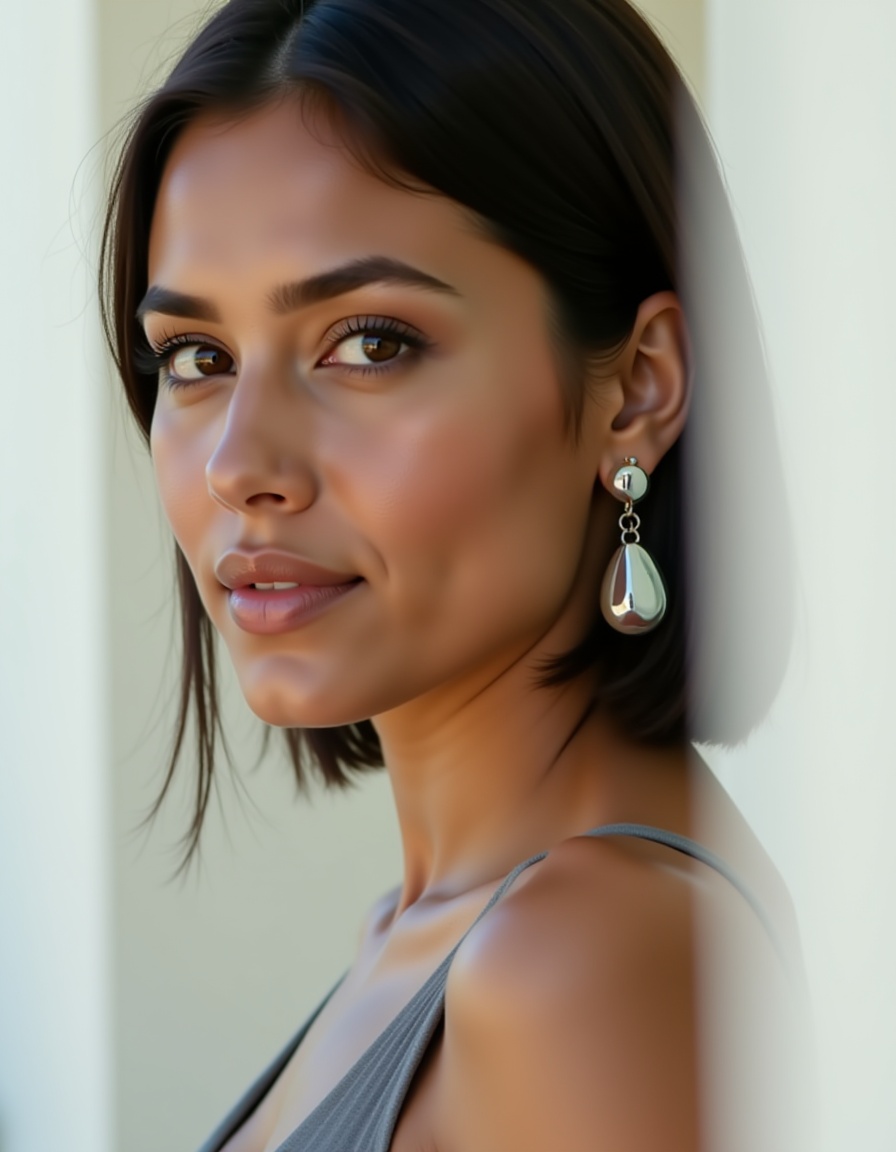 The reflective surfaces of her earrings and outfit create a dynamic interplay with the environment,  emphasizing her sleek...