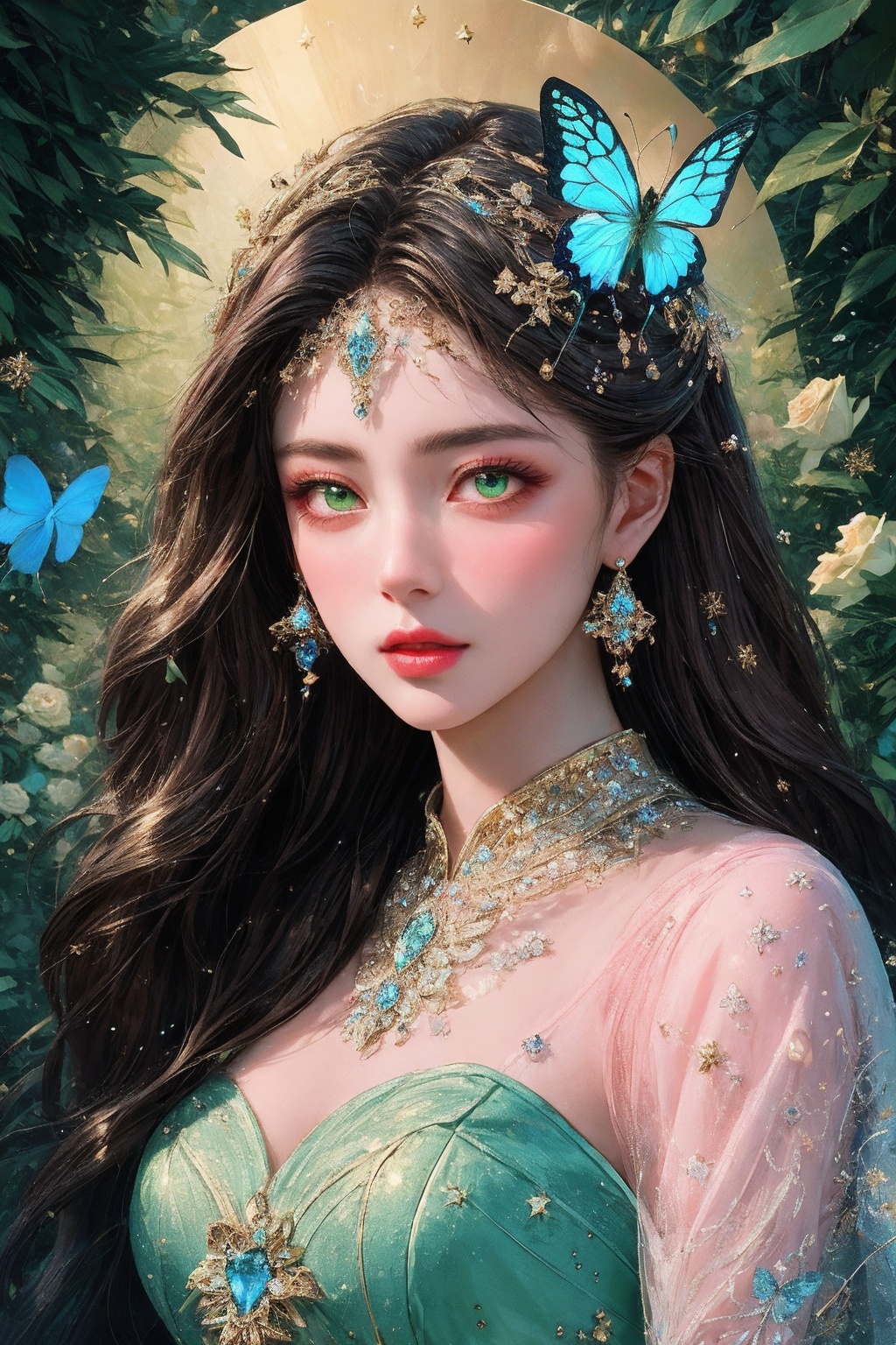masterpiece,Solo,Klein blue style,Extremely delicate,roses and crystal flowers on her head,eyes with gemstones in them,delicate makeup,and pink lips,surrounded by green plants and golden glittering stars,Butterfly,super detail,best quality,8k,textured skin,