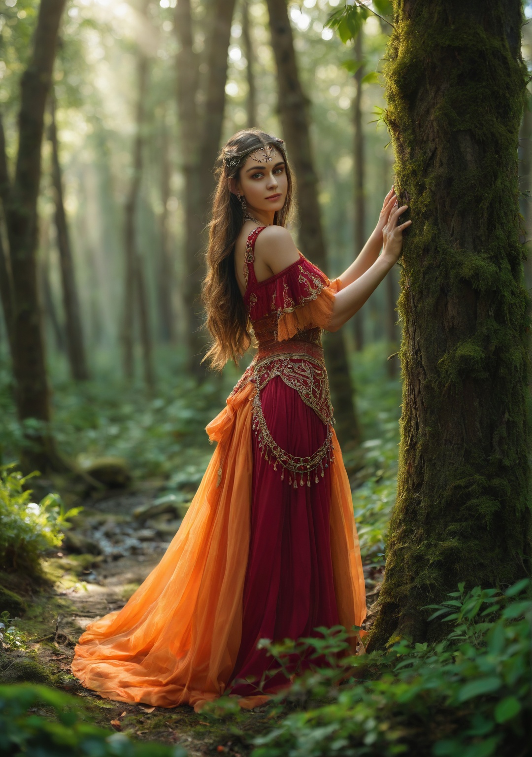 a close half body portrait photo of An ethereal forest dancer captured mid-pirouette at a dreamy dawn,  her flowing cream-...