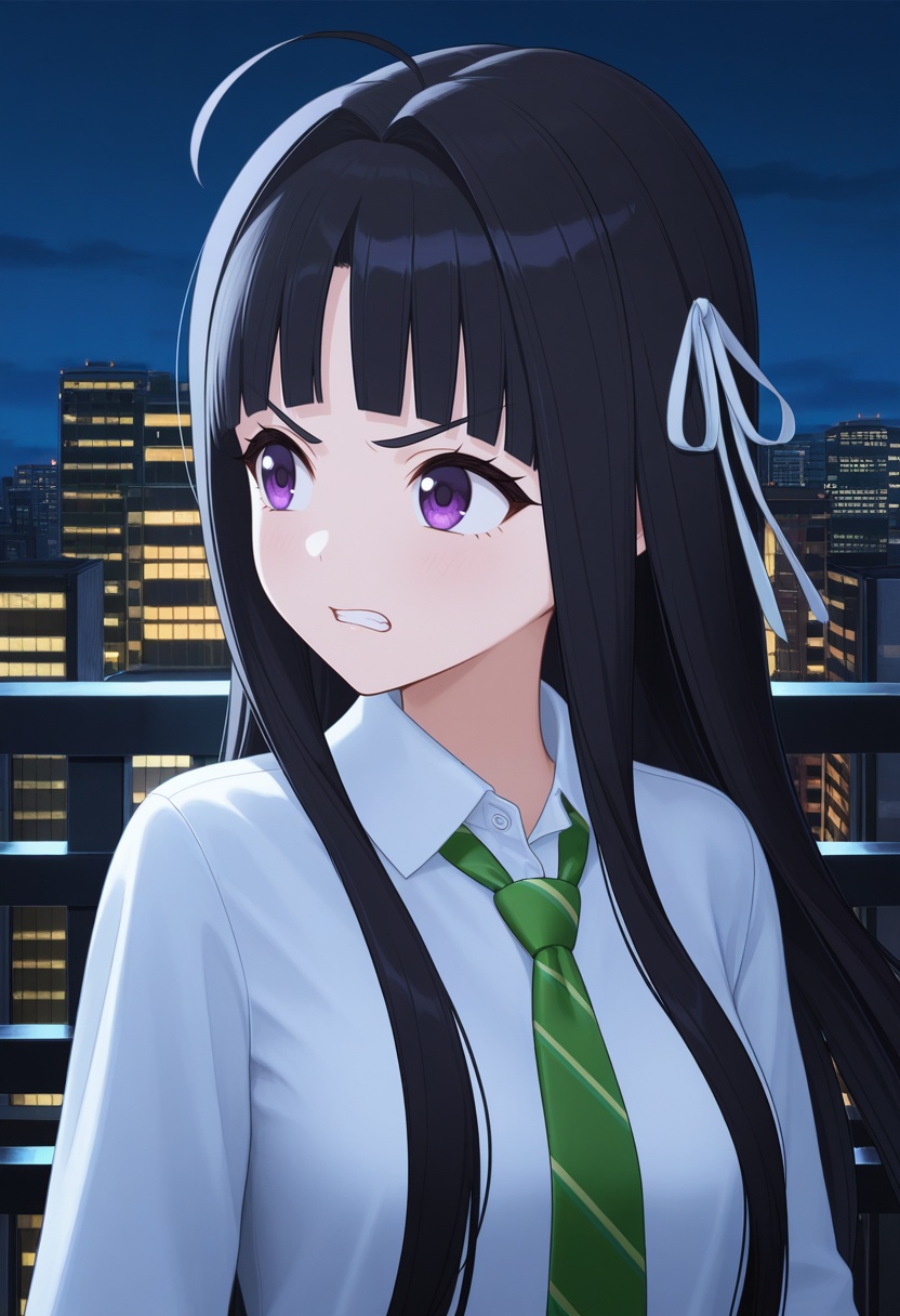 <lora:486_v1.0_illustrious-000018:1>,SUBARUAWA, solo, necktie, black hair, long hair, shirt, purple eyes, teeth, clenched teeth, white shirt, collared shirt, night, long sleeves, upper body, ahoge, hair ribbon, hair intakes, outdoors, ribbon, railing, sidelocks, v-shaped eyebrows, looking to the side, blunt bangs, green necktie, building