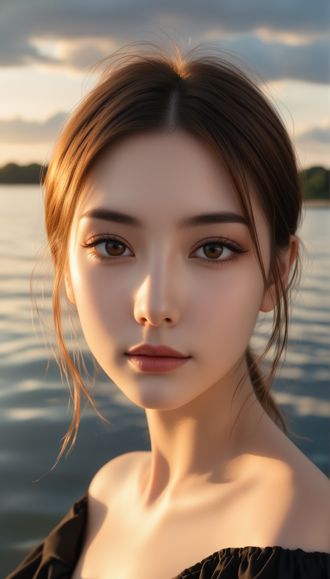 A young woman with fair skin and a slender physique stands by the edge of a body of water,  possibly a lake or sea,  durin...