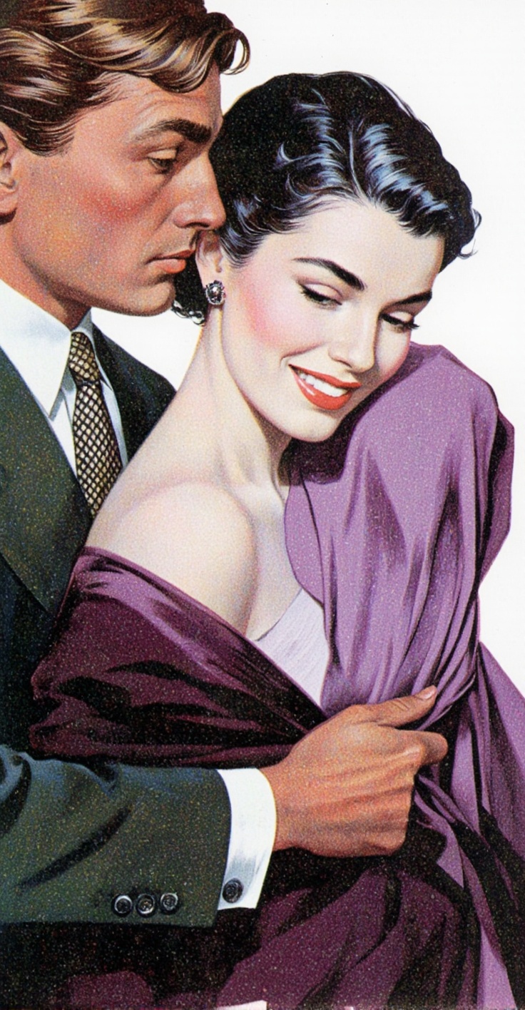 RobGin style. A vintage illustration from the 1950s about a romantic moment between a man and a woman in a formal attire....
