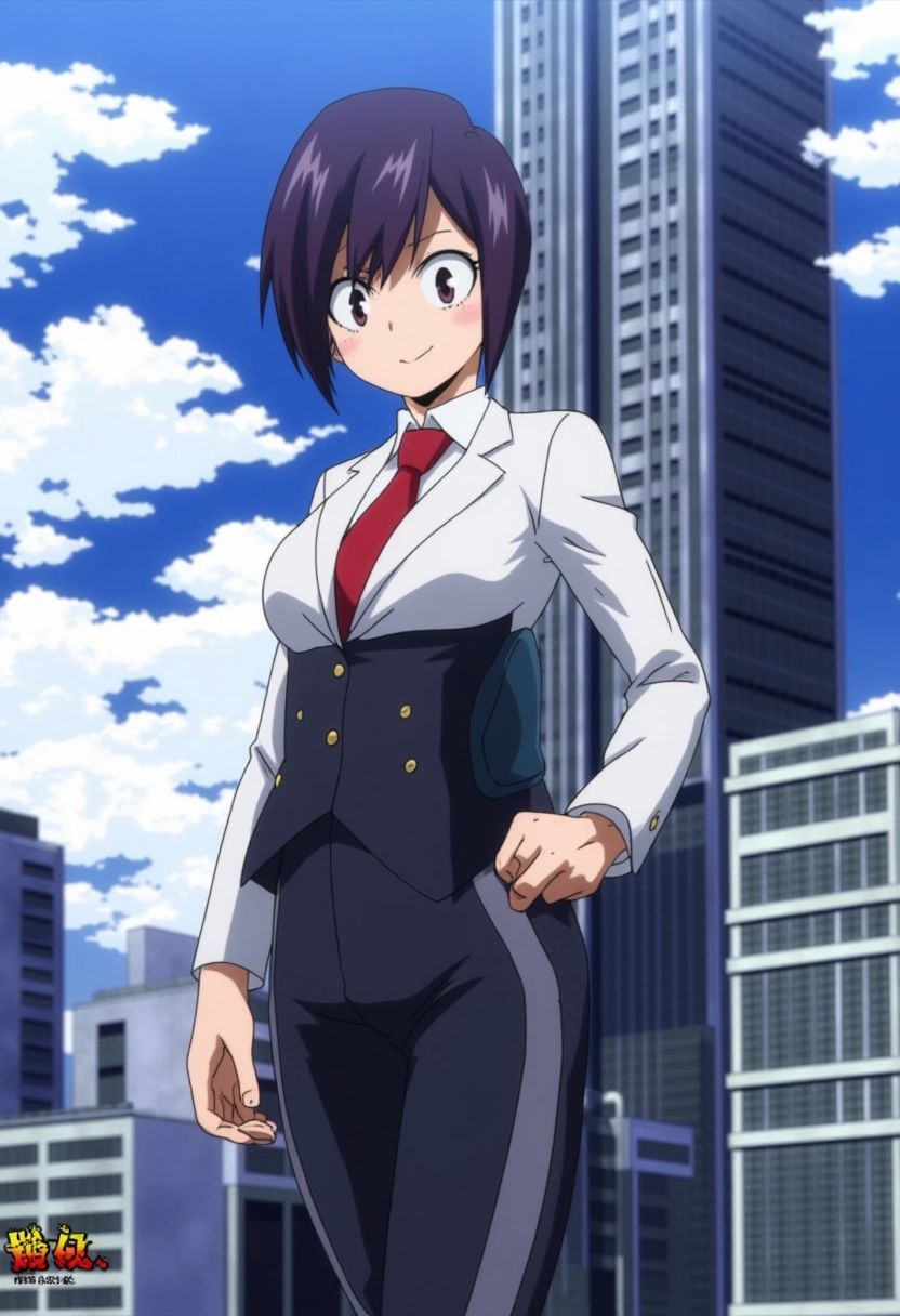 A confident young woman in a futuristic business suit standing in front of a towering skyscraper,  holding a tablet. She h...