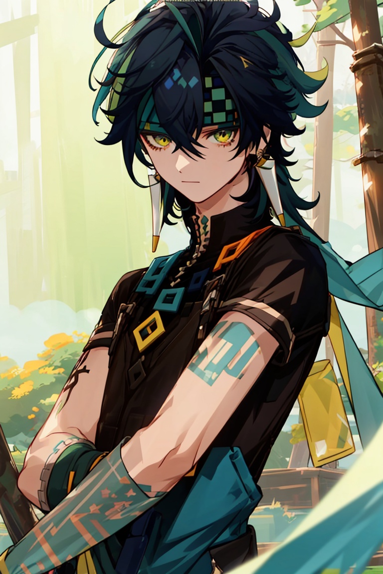 <lora:output_kinich:1>,1boy,male focus,jewelry,solo,earrings,looking at viewer,short sleeves,bangs,headband,shirt,black shirt,black hair,hair between eyes,tassel,yellow eyes,tattoo,closed mouth,upper body,tassel earrings,multicolored hair,green hair,green eyes,(forest),from_below,(outdoors),