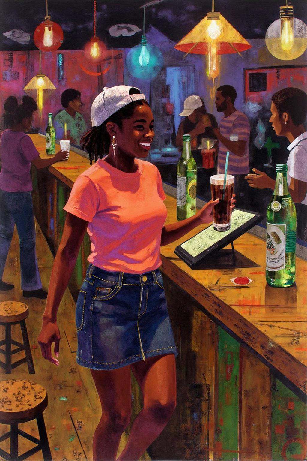 mixed media collage. The air buzzes with the energy of a busy bar,  a mix of music,  conversation on Tensor.Art