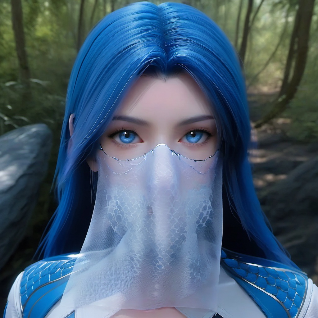 1girl,solo,long hair,blue hair,blue eyes,face veil,dress,(looking at viewer),outdoors,ocean,forest,portrait,3d,Highly detailed,(ultra-detailed),(best quality,masterpiece:1.5),<lora:斗罗大陆2绝世唐门-王秋儿XL:0.8>,