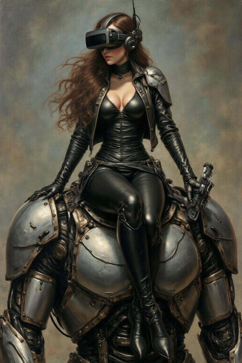 jore1 painting A striking,  futuristic scene depicts a woman dressed in sleek,  form-fitting leather attire on Tensor.Art