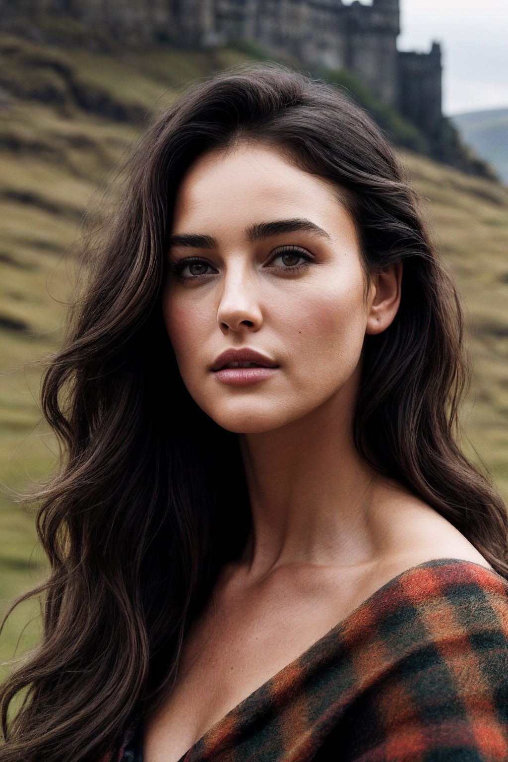 MonicaB_SoloTI_v1,  (In a simple,  rustic dress with a plaid shawl and wild on Tensor.Art