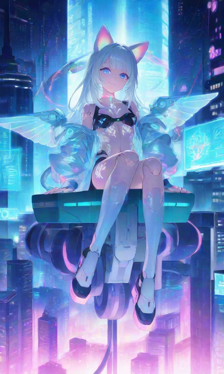 pastel cyberpunk cityscape,  platinum hair gradient,  glowing circuit tattoos on Tensor.Art