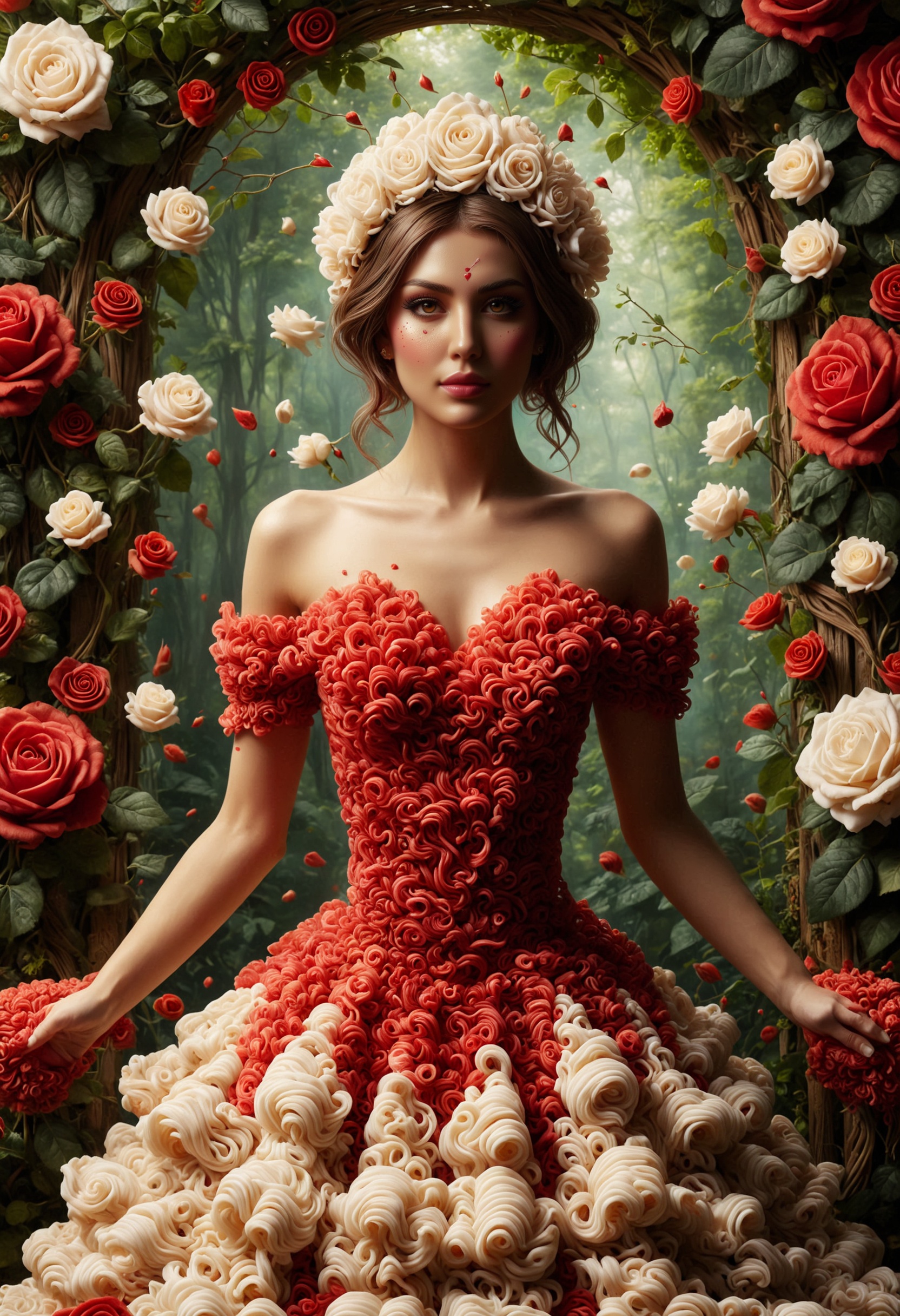 A captivating oil painting of a pretty queen,  (upper body),  adorned with a majestic crown of ruby-heart shapes. She wear...