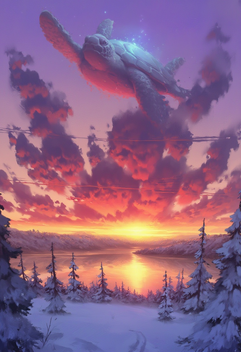 sc3n1ch0r1s0ns,  this is a vibrant whimsical digital painting depicting a fantastical scene. the artwork features a massiv...