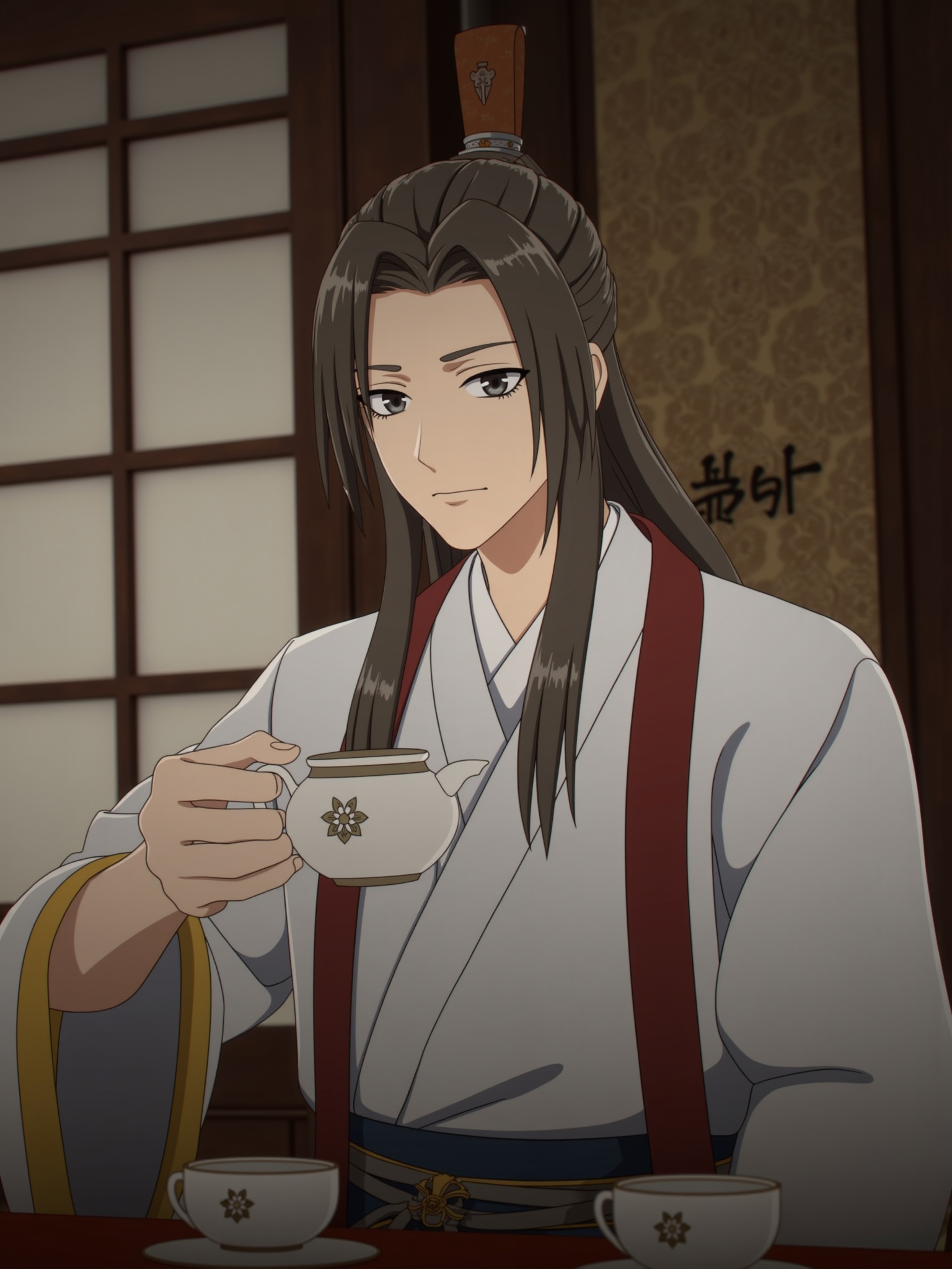 1boy,ancient chinese style,A man with black eyes and black hair,chinese clothes,Drink tea indoors