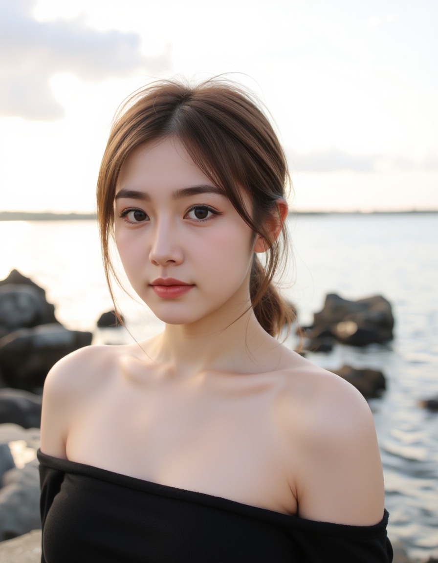 A young asian woman with fair skin and a slender physique stands by the edge of a body of water,  possibly a lake or sea,...