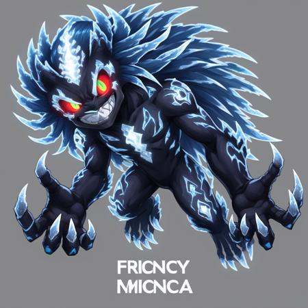 green eyes,  featuring glowing red eyes and a menacing grin. The character is predominantly black with icy blue highlights...