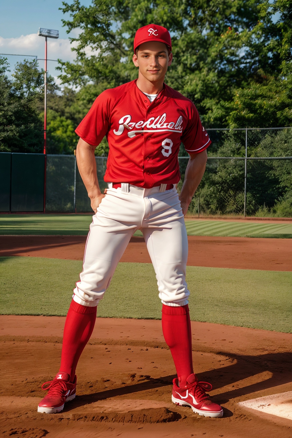 outdoors,  baseball field,  standing at second base on Tensor.Art
