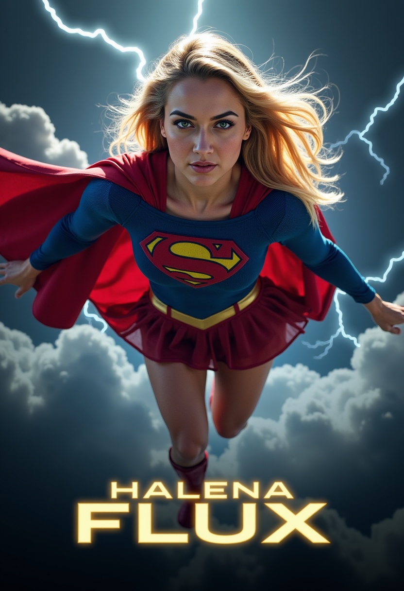 masterpiece quality poster image of a powerful Supergirl soaring through dark,  stormy clouds. She has long blonde hair fl...