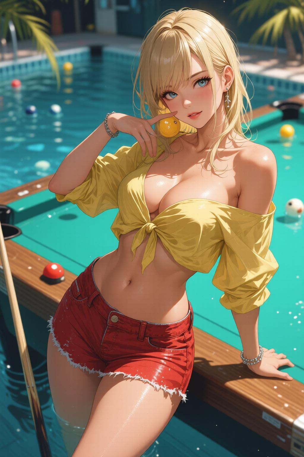 nijimix6q anime style illustration.High angle view of a a blonde female pool hustle shooting pool. She wears a red denim m...