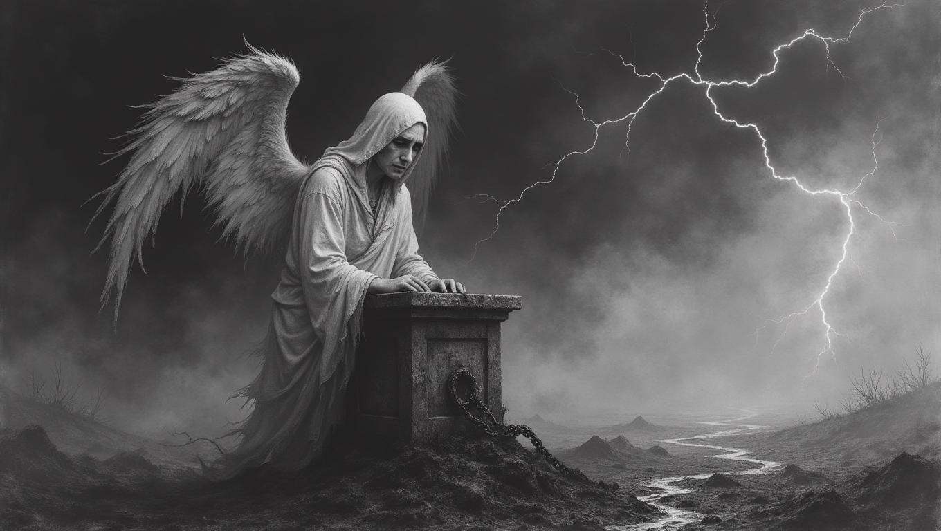 An angel with tattered wings and a face twisted in agony is chained to a stone altar in the middle of a desolate wasteland...