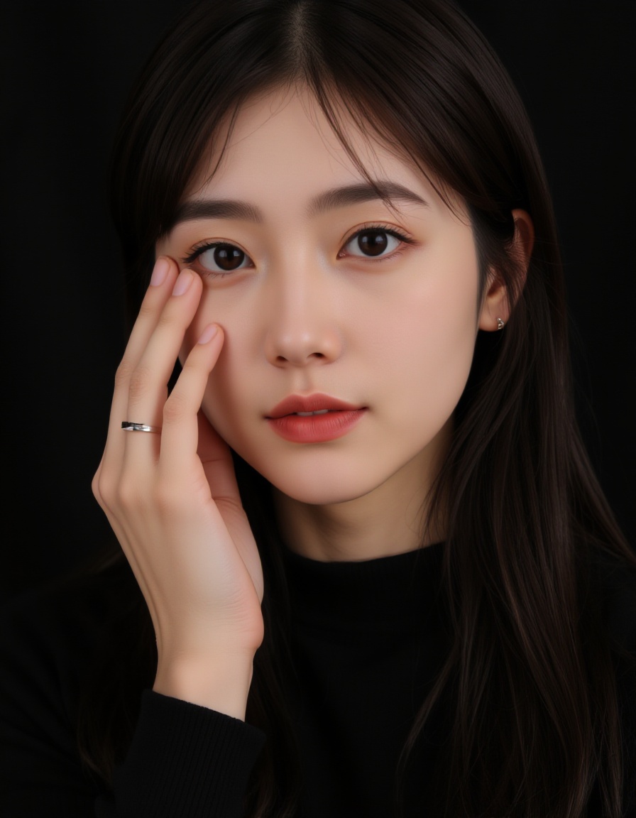 A photograph of a young asian woman with fair skin and long,  straight dark hair,  styled in a simple on Tensor.Art