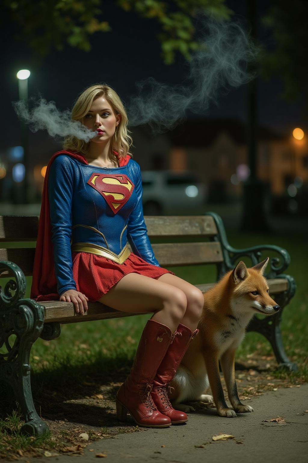 midjourney photograph. A woman dressed as Supergirl,  sitting on a park bench at night. She is smoking. There is a fox sit...