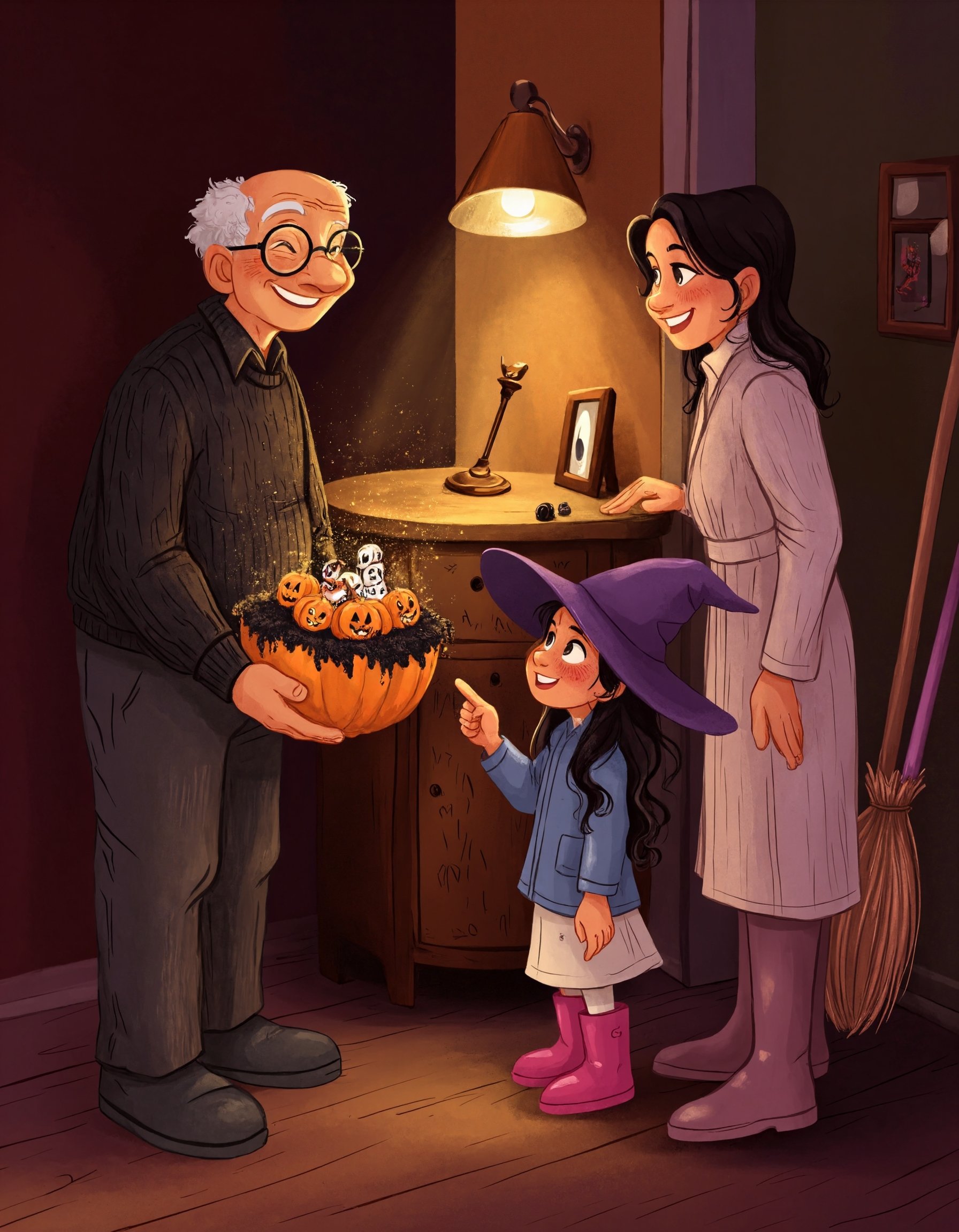 This is a high-quality,  digital illustration featuring a Halloween scene with a warm,  inviting glow. The composition use...