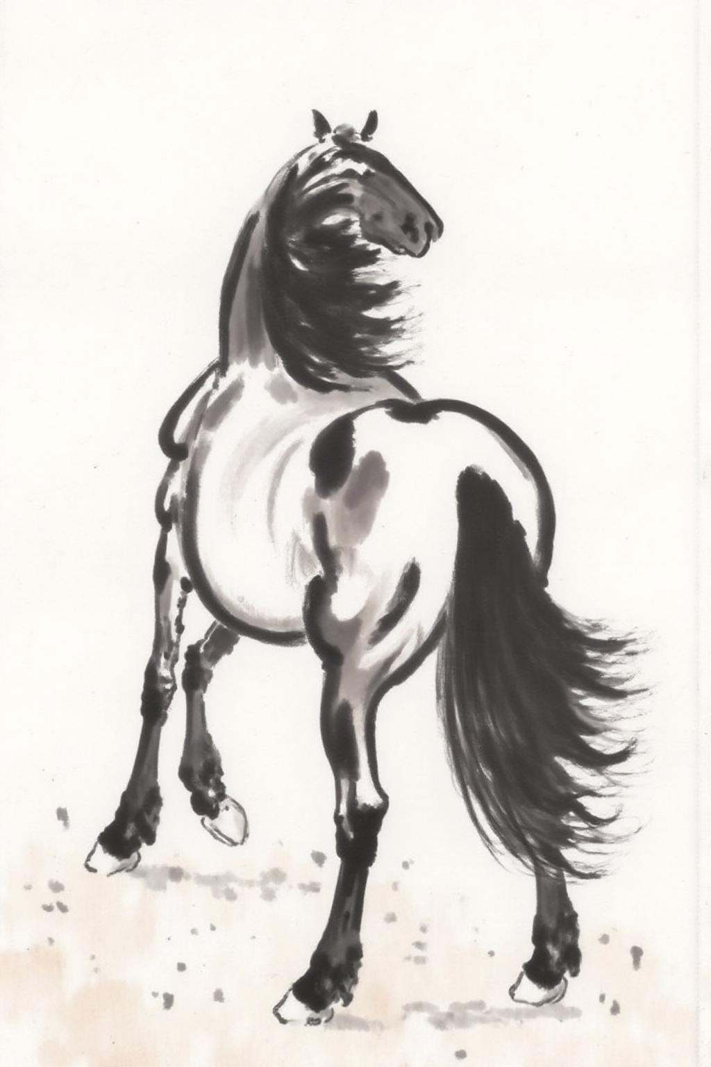 xbh1 ink wash painting.Back view of a horse standing with its head held high,  captured in a dynamic pose. Its tail and ma...