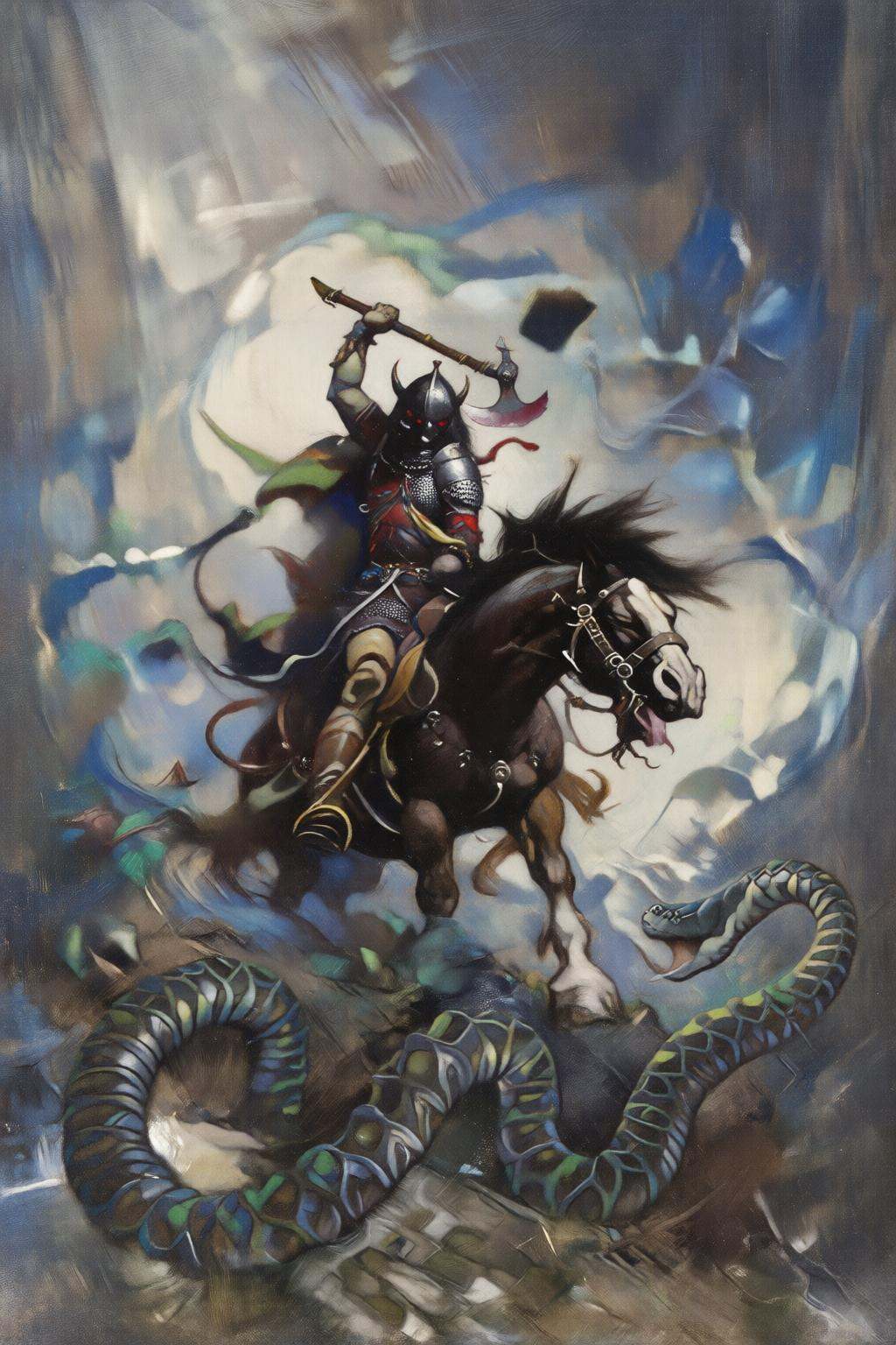 frankfrazetta2 illustration. A demon warrior on horseback wields a curved battle ax; his eyes are two bright red dots. He...