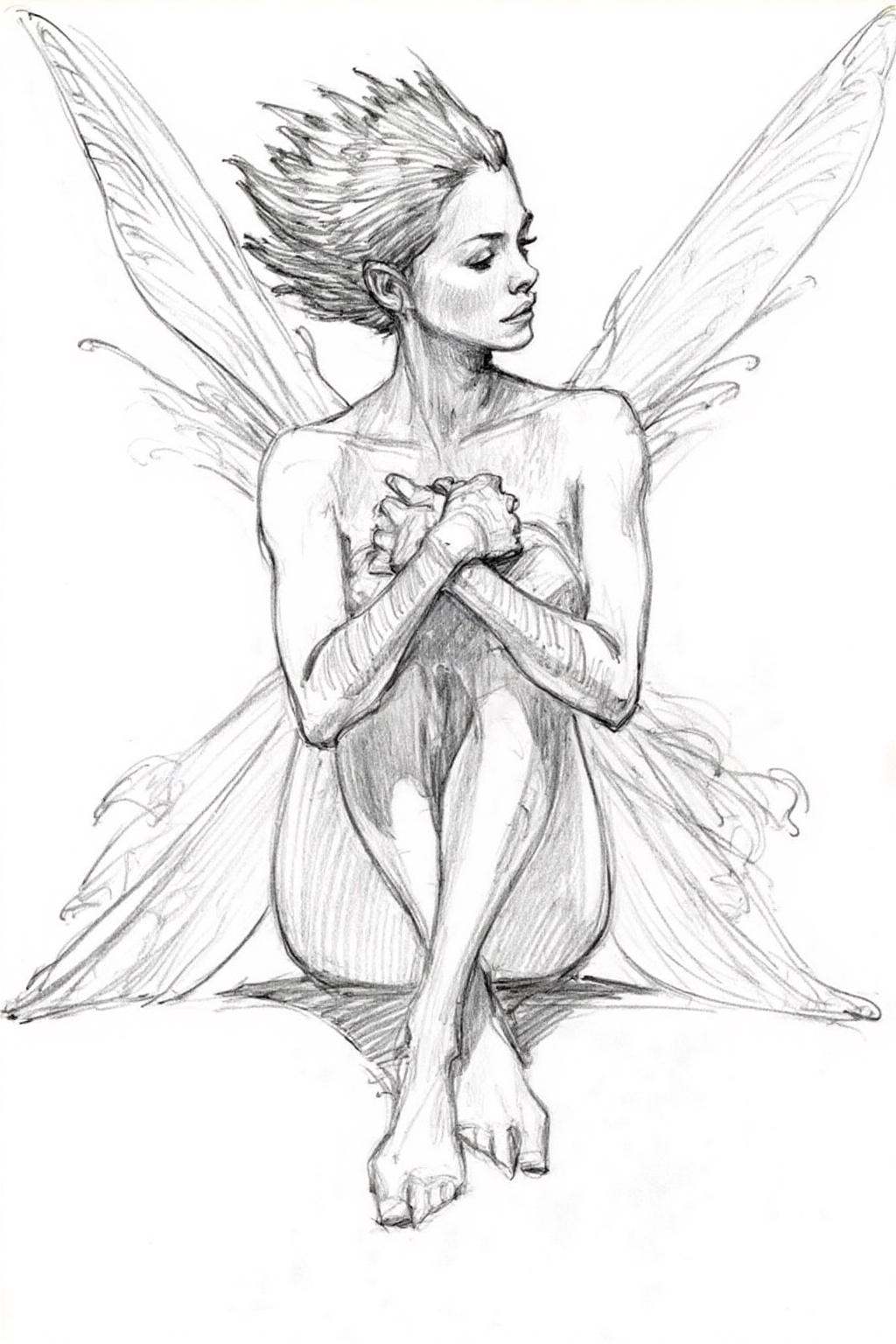 Pencil sketch.A young fairy sitting on the ground with legs folded. Her hands are folded over her knees. She has delicate...
