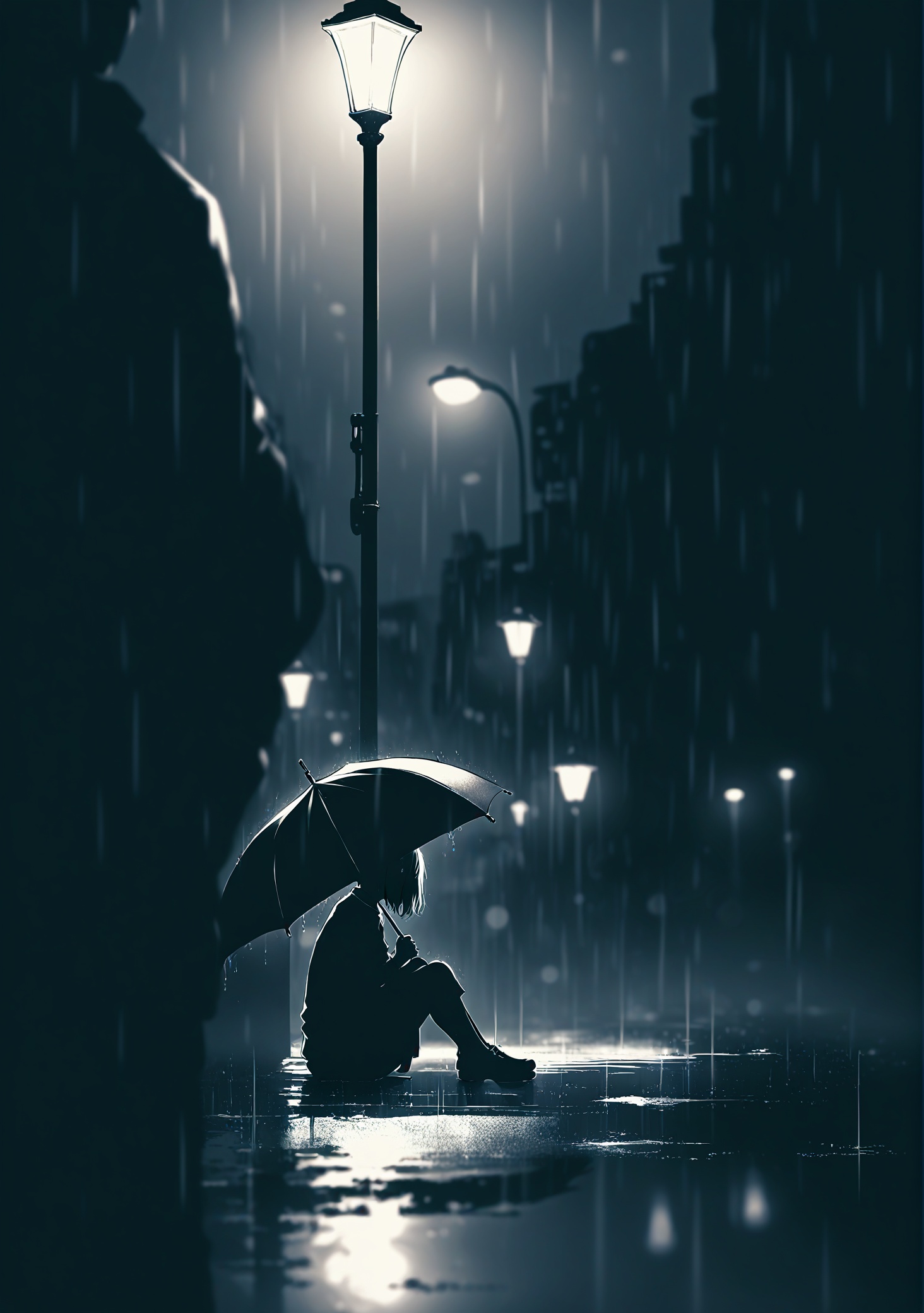 best quality,masterpiece,absurdres,newest,(very dark theme:1.3),weaklight, moody lighting,umbrella, greyscale, monochrome, rain, lamppost, blurry, solo, sitting, outdoors, blurry background, depth of field, bokeh, holding, holding umbrella, road, 1girl, reflection, night, from side, 1boy,puddleThis black-and-white photograph captures a solitary figure sitting on a bench in a rainy, deserted urban street at night. The person, dressed in dark clothing, holds an umbrella, shielding themselves from the heavy rain. The wet pavement reflects the dim, artificial light from street lamps, creating a moody atmosphere. The background is slightly blurred, emphasizing the depth of field and the focus on the subject. The composition uses a low camera angle, enhancing the feeling of solitude and isolation.