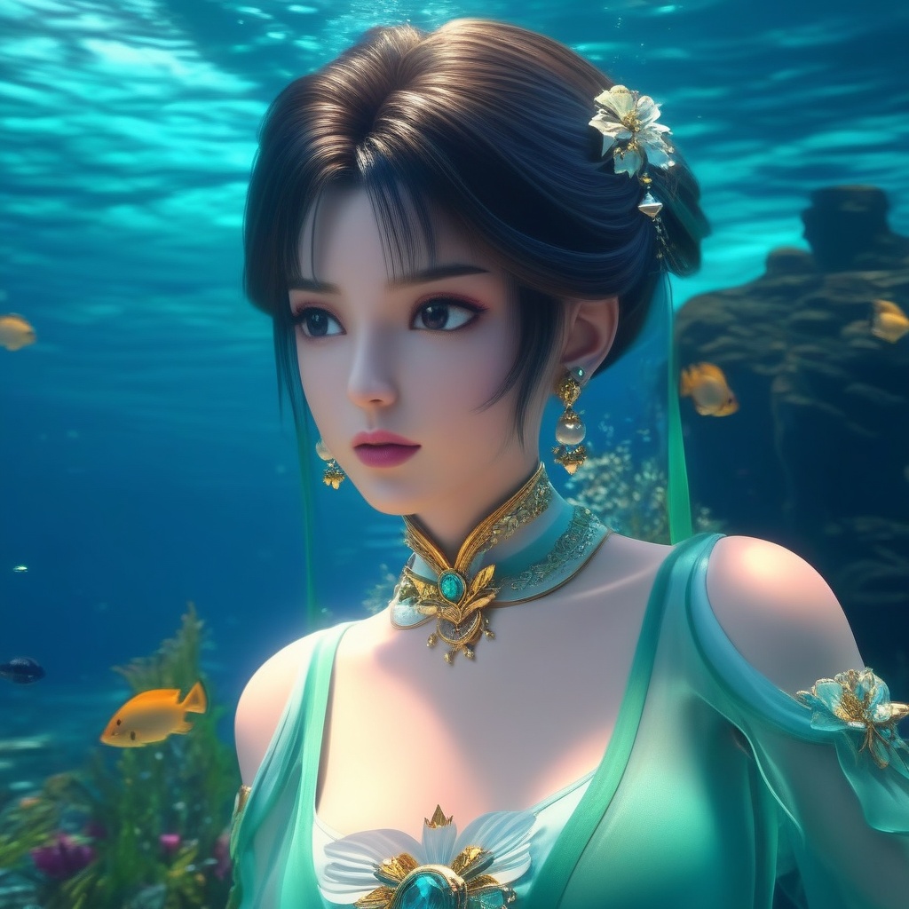 <lora:834-DA-XL-诛仙-碧瑶:0.8>, (,1girl, ,best quality, ),,masterpiece, ((((, solo,  , ,solo focus, ,underwater, )))) ,ultra realistic 8k cg,   clean, masterpiece,     cinematic lighting, cinematic bloom,  (( , )),, , unreal, science fiction, luxury, jewelry, diamond, gold, pearl, gem, sapphire, ruby, emerald, intricate detail, delicate pattern, charming, alluring, seductive, erotic, enchanting, hair ornament, necklace, earrings, bracelet, armlet,,(cleavage),,