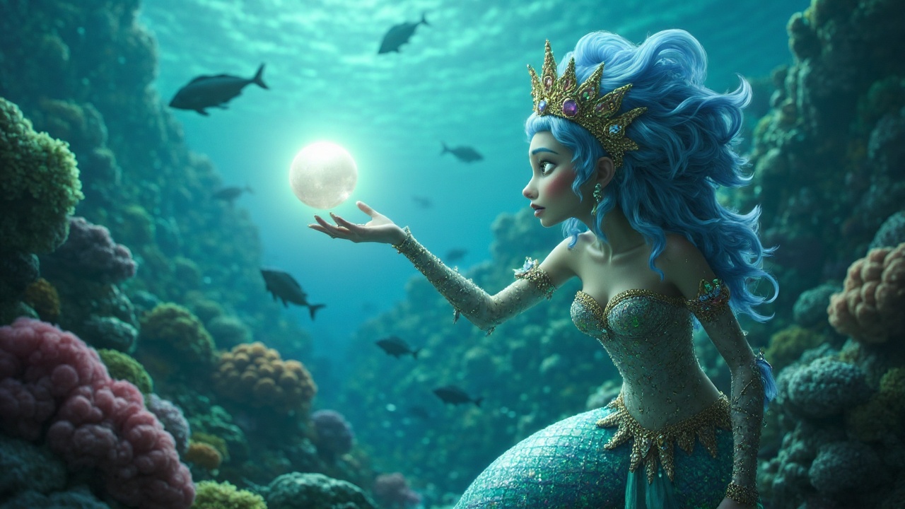 An underwater kingdom unfolds with vibrant coral reefs and schools of fish swimming past. At its center,  a merfolk royalt...